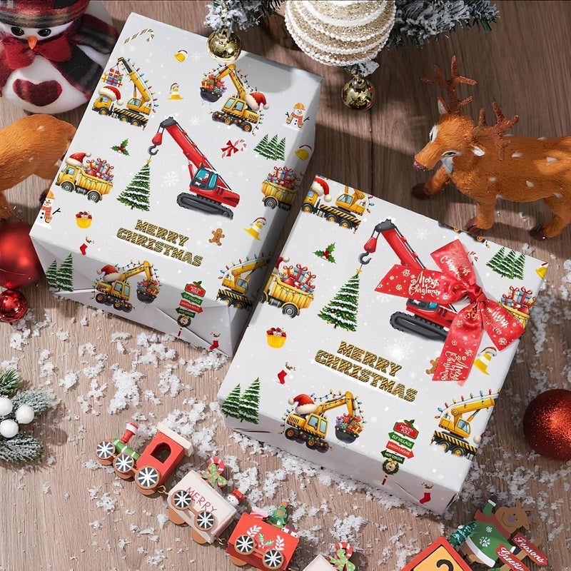 ZINTBIAL Construction Truck Christmas Wrapping Paper - Xmas Gift Wrap with Excavators, Santa,Trees, Snowmen & Gingerbread Men Design - for Kids & Adults Gift Wrapping - 40×28 Inches, 4 Folded Sheets - Image 3